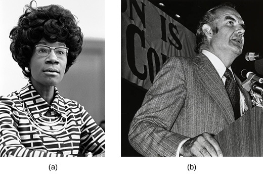 Photograph (a) shows Shirley Chisholm. Photograph (b) shows George McGovern speaking at a lectern.