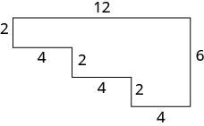 This image includes 8 sides. Moving in a clockwise direction, the first side is labeled 2 inches, side 2 is labeled 12 inches, side 3 is labeled 6 inches, side 4 is labeled 4 inches, side 5 is labeled 2 inches, side 6 is labeled 4 inches, side 7 is labeled 2 inches and side 8 is labeled 4 inches.