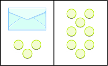 The image is divided in half vertically. On the left side is an envelope with three counters below it. On the right side is 8 counters.