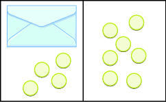 The image is divided in half vertically. On the left side is an envelope with 4 counters below it. On the right side is 7 counters.