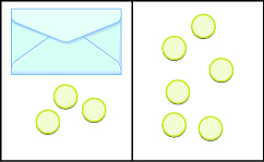 The image is divided in half vertically. On the left side is an envelope with three counters below it. On the right side is 6 counters.