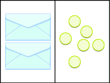 This image has two columns. In the first column are two identical envelopes. In the second column there are six blue circles, randomly placed.