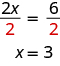 This figure has two rows. The first row has the equation 2x divided by 2 equals 6 divided by 2. The second row has the equation x equals 3.