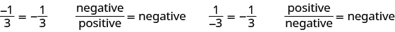 Negative 1 over positive 3 is equal to negative one third. Negative over positive equals negative. Positive 1 over negative 3 is equal to negative one third. Positive over negative equals negative.