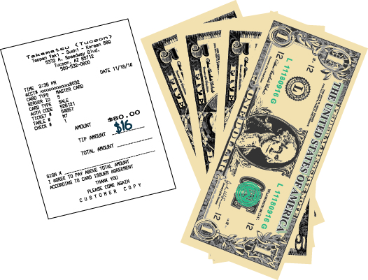 The figure shows a customer copy of a restaurant receipt with the amount of the bill, $80, and the amount of the tip, $16. There is a group of bills totaling $16.