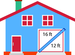 A picture of a house is shown. The rectangular garage is 12 feet high and 16 feet wide. A blue banner goes diagonally across the garage.