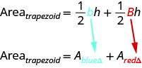 The top line says area of trapezoid equals one-half times blue little b times h plus one-half times red big B times h. Below this is area of trapezoid equals A sub blue triangle plus A sub red triangle.