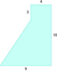 A geometric shape is shown. It is a rectangle with a triangle attached to the bottom left side. The top is labeled 4. The right side is labeled 10. The base is labeled 9. The vertical line from the top of the triangle to the top of the rectangle is labeled 3.