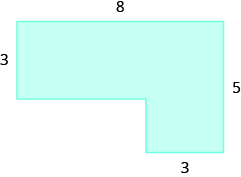 A geometric shape is shown, formed by two rectangles. The top is labeled 8. The width of the top rectangle is labeled 3. The right side of the figure is labeled 5. The width of the bottom rectangle is labeled 3.