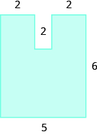 A geometric shape is shown. It is a U-shape. The base is labeled 5, the height 6. The horizontal and vertical lines at the top are labeled 2.