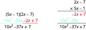 On the left, 5x minus 1 times 2x minus 7 is shown. Below that is 10 x squared minus 35x minus 2x plus 7. The first two terms are in blue, the second two in red. Beneath that is 10 x squared minus 37x plus 7. On the right, a vertical multiplication problem is shown. 2xx minus 7 times 5x minus 1 is written with a line underneath. Beneath the line is a red negative 2x plus 7. Beneath that is 10 x squared minus 35 x in blue. Beneath that, there is another line. Beneath that line is 10 x squared minus 37x plus 7.