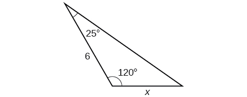 A triangle with one angle = 120 degrees. Another angle is 25 degrees with side opposite = x. The side adjacent to the 25 and 120 degree angles is of length 6.