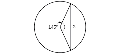 A triangle inscribed in a circle. Two of the legs are radii. The central angle formed by the radii is 145 degrees, and the opposite side is 3.