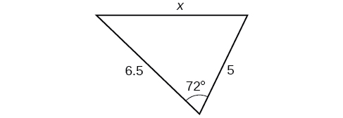 A triangle. One angle is 72 degrees, with opposite side = x. The other two sides are 5 and 6.5.