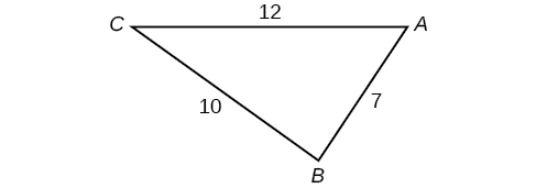 A triangle A B C. Angle A is opposite a side of length 10, angle B is opposite a side of length 12, and angle C is opposite a side of length 7.