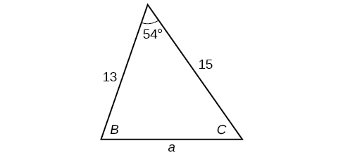 A standardly labeled triangle. Angle A is 54 degrees with opposite side a unknown. Angle B is unknown with opposite side b=15. Angle C is unknown with opposite side C=13. 