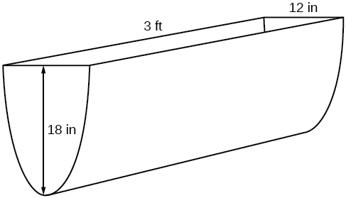 Diagram of a parabolic trough that is 18” in height, 3’ in length, and 12” in width.