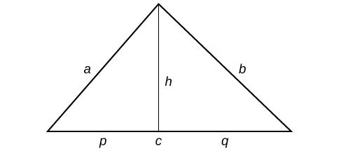 A triangle with sides labeled: a, b, and c.  A line runs through the center of the triangle bisecting the angle at the top; this line is labeled: h. The two new line segments on the base of the triangle are labeled: p and q.