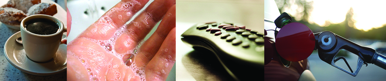 A photo collage shows a cup of black coffee, a hand covered in foamy soap, a remote control, and a gasoline pump nozzle inserted into a vehicle’s gas tank.