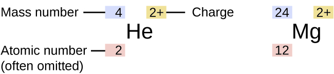 This diagram shows the symbol for helium, “H e.” The number to the upper left of the symbol is the mass number, which is 4. The number to the upper right of the symbol is the charge which is positive 2. The number to the lower left of the symbol is the atomic number, which is 2. This number is often omitted. Also shown is “M g” which stands for magnesium It has a mass number of 24, a charge of positive 2, and an atomic number of 12.