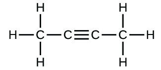 Figure B shows a structural diagram of a molecule that has a chain of four carbon atoms. The leftmost carbon atom forms a single bond with three hydrogen atoms each and single bond with the second carbon atom. The second carbon atom forms a triple bond with the third carbon atom. The third carbon atom forms a single bond to the fourth carbon atom. The fourth carbon atom forms a single bond to three hydrogen atoms each.