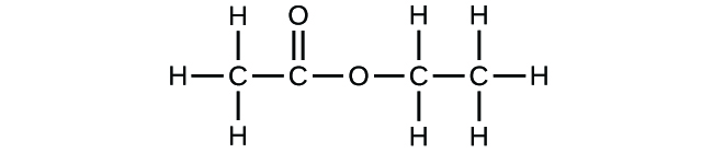 Figure B shows a structural diagram containing a leftmost carbon that forms single bonds to three hydrogen atoms each. This leftmost carbon also forms a single bond to a second carbon atom. The second carbon atom forms a double bond with an oxygen atom. The second carbon also forms a single bond to a second oxygen atom. This oxygen atom forms a single bond to a third carbon atom. This third carbon atom forms single bonds with two hydrogen atoms each as well as a single bond with another carbon atom. The rightmost carbon atom forms a single bond with three hydrogen atoms each.