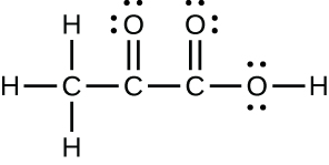 A Lewis structure is shown. A carbon atom is single bonded to three hydrogen atoms and a carbon atom. The carbon atom is single bonded to an oxygen atom and a third carbon atom. This carbon is then single bonded to two oxygen atoms, one of which is single bonded to a hydrogen atom. Each oxygen atom has two lone pairs of electron dots.