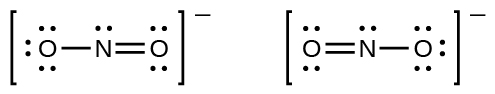 Two Lewis structures are shown. The left structure shows an oxygen atom with three lone pairs of electrons single bonded to a nitrogen atom with one lone pair of electrons that is double bonded to an oxygen with two lone pairs of electrons. Brackets surround this structure, and there is a superscripted negative sign. The right structure shows an oxygen atom with two lone pairs of electrons double bonded to a nitrogen atom with one lone pair of electrons that is single bonded to an oxygen atom with three lone pairs of electrons. Brackets surround this structure, and there is a superscripted negative sign.