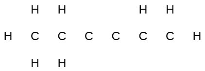 A Lewis structure is shown that is missing its bonds. It shows a horizontal row of six carbon atoms, equally spaced. Three hydrogen atoms are drawn around the first carbon, two around the second, one above the fifth, and two by the sixth.