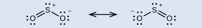 Two Lewis structures connected by a double-ended arrow are shown. The left structure shows a sulfur atom with one lone pair of electrons and a positive sign which is single bonded on one side to an oxygen atom with three lone pairs of electrons and a negative sign. The sulfur atom is double bonded on the other side to another oxygen atom with two lone pairs of electrons. The right-hand structure is the same as the left except that the position of the double bonded oxygen atom is switched. In both structures the attached oxygen atoms form an acute angle in terms of the sulfur atom.