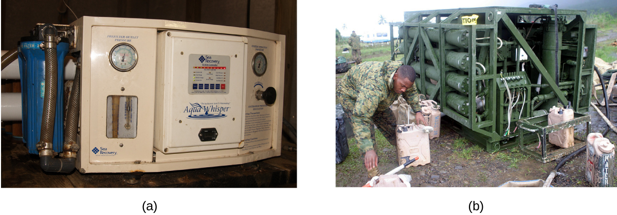 This figure shows two photos of reverse osmosis systems. The first is a small system that appears easily portable. The second is larger and situated outdoors.