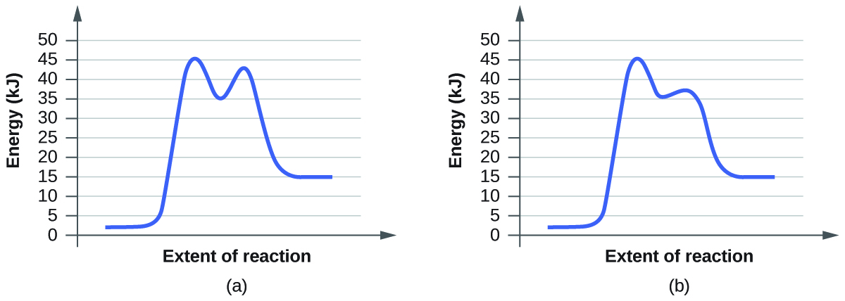 In this figure, two graphs are shown. The x-axes are labeled, “Extent of reaction” and the y-axes are labeled, “Energy (k J).” The y-axes are marked off from 0 to 50 at intervals of 5. In a, a blue curve is shown. It begins with a horizontal segment at about 2J. The curve then rises sharply near the middle to reach a maximum of about 46, then sharply falls to about 35, again rises to about 38 and falls to another horizontal segment at about 15. In b, the curve begins and ends similarly, but the first peak reaches about 46, drops to about 35, then rises to about 43 before falling to the horizontal region at about 15.