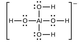 An H atom is bonded to an O atom. The O atom has 2 dots above it and 2 dots below it. The O atom is bonded to an A l atom, which has three additional O atoms bonded to it as well. Each of these additional O atoms has 4 dots arranged around it, and is bonded to an H atom. This entire molecule is contained in brackets, to the right of which is a superscripted negative sign.