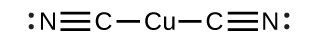 A Cu atom is bonded to two C atoms. Each of these C atoms is triple bonded to an N atom. Each N atom has two dots on the side of it.