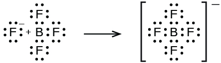 Two Lewis structures are drawn and connected by a right-facing arrow. The left structure shows a boron atom surrounded by four fluorine atoms, each with four lone pairs of electrons. The left fluorine atom has a positive and negative symbol drawn next to it. The second image is the same as the first except the positive and negative signs are missing and the entire structure is surrounded by brackets. There is a negative sign outside and superscript to the brackets.