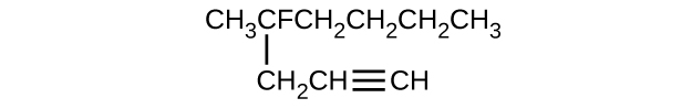 This structure shows a horizontal chain composed of C H subscript 3 C F C H subscript 2 C H subscript 2 C H subscript 2 C H subscript 3 with a C H subscript 2 C H triple bond C H group attached beneath the second C atom counting left to right.