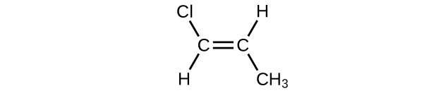 This structure shows two double bounded C atoms with C l attached to the upper left, C H subscript 3 attached to the lower right, and H atoms attached to the upper right and lower left in the structure.