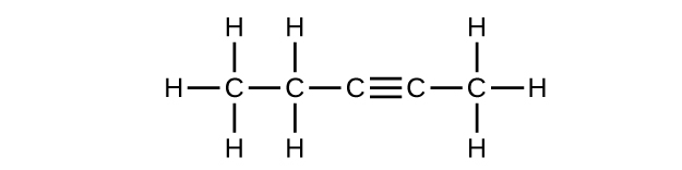 A chain of five carbon atoms is shown. The first C atom (from left to right) forms a single bond with the second C atom. The second C atom forms a single bond with the third C atom. The third C atom forms a triple bond with the fourth C atom. The fourth C atom forms a single bond to the fifth C atom. The first C atom has three H atoms bonded to it. The second C atom has two H atoms bonded to it. The fifth C atom has three H atoms bonded to it.