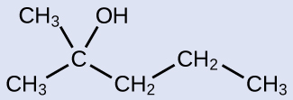 The structure shown has a C H subscript 3 group bonded up and to the right to a C atom. The C atom is bonded down and to the right to a C H subscript 2 group. The C H subscript 2 group is bonded up and to the right to a C H subscript 2 group. The C H subscript 2 group is bonded down and to the right to a C H subscript 3 group. The second C atom (from left to right) is bonded to a C H subscript 3 group and an O H group.