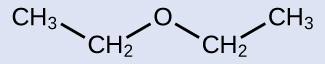 A molecular structure shows a C H subscript 3 group bonded down and to the right to a C H subscript 2 group. The C H subscript 2 group is bonded up and to the right to an O atom. The O atom is bonded down and to the right to a C H subscript 2 group. The C H subscript 2 group is bonded up and to the right to a C H subscript 3 group.