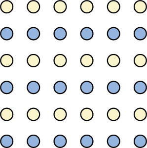 An illustration shows six rows of six dots each. The rows of dots alternate between blue and white colored dots.