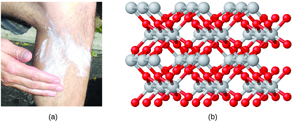 Figure A shows a photo of a person applying suntan lotion to his or her lower leg. Figure B shows a 3-D ball-and-stick model of the molecule titanium dioxide, which involves a complicated interlocking of many titanium and oxygen atoms. The titanium atoms in the molecule are shown as silver spheres and the oxygen atoms are shown as red spheres. There are twice as many oxygen atoms as titanium atoms in the molecule.