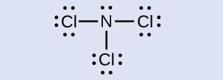 A Lewis structure is shown. A nitrogen atom with one lone pair of electrons is single bonded to three chlorine atoms, each of which has three lone pairs of electrons.