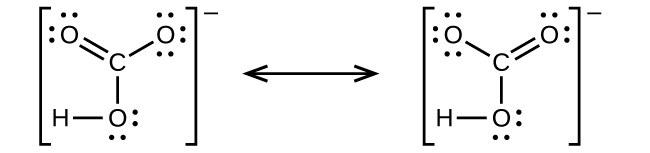 Two Lewis structures are shown, with a double-headed arrow in between, each surrounded by brackets and a superscripted negative sign. The left structure depicts a carbon atom bonded to three oxygen atoms. It is single bonded to one of these oxygen atoms, which has three lone pairs of electrons, and double bonded to the other two, which have two lone pairs of electrons. One of the double bonded oxygen atoms also has a single bond to a hydrogen atom. The right structure is the same as the first, but there is only one double bonded oxygen. The oxygen with the single bonded hydrogen now has a single bond to the carbon atom. The lone pairs of electrons have also changed to correspond with the bonds.
