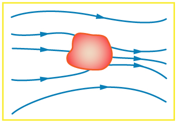 External field lines entering the object from one end and emerging from another are shown by lines.