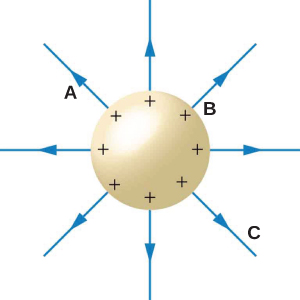 A gold sphere with eight equally spaced black +'s around the outside of the sphere point to eight blue arrows pointing outward. Four of the arrows point directly up, right, down, and left of the sphere and four arrows are equally spaced between these other four arrows at 45 degree angles. The arrow between the left and top arrow is labeled A. The arrow between the top and right arrow is labeled B. The arrow between the right and down arrow is labeled C.