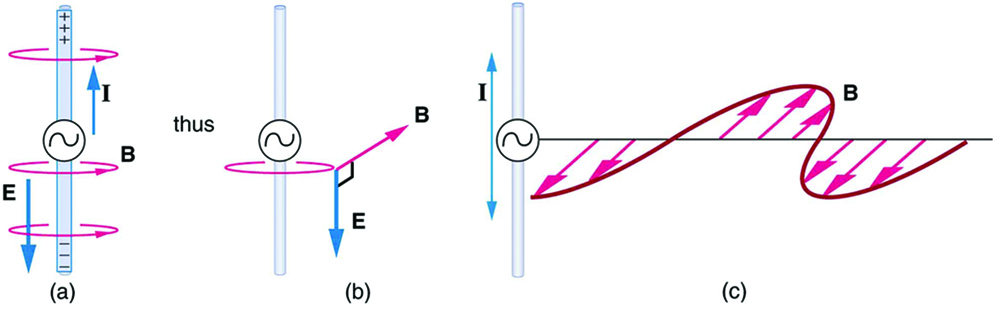 Part a of the diagram shows a long straight gray wire with an A C generator at its center, functioning as a broadcast antenna. The antenna has a current I flowing vertically upward. The bottom end of the antenna is negative and the upper end of the antenna is positive. An electric field is shown to act vertically downward. The magnetic field lines B produced in the antenna are circular in direction around the wire. Part b of the diagram shows a long straight gray wire with an A C generator at its center, functioning as a broadcast antenna. The electric field E and magnetic field B near the wire are shown perpendicular to each other. Part c of the diagram shows a long straight gray wire with an A C generator at its center, functioning as a broadcast antenna. The current is shown to flow in the antenna. The magnetic field varies with the current and propagates away from the antenna as a sine wave in the horizontal plane. The vibrations in the wave are marked as small arrows along the wave.