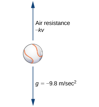 A diagram of a baseball with an arrow above it pointing up and an arrow below it pointing down. The upper arrow is labeled “air resistance –kv” and the lower arrow is labeled “g = -9.8 m/sec ^ 2.”