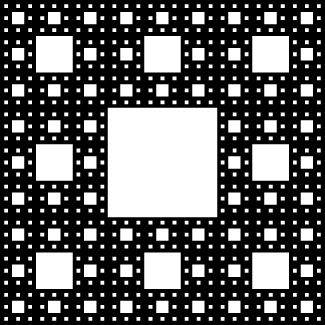 This is a black square with many smaller squares removed from it, leaving behind blank spaces in a pattern of squares. There are four iterations of the removal process. At the first, the central 1/9 square area is removed. Each side is 1/3 of that of the next larger square. Next, eight smaller squares are removed around this one. Eight smaller squares are removed from around each of those – 64 in total. Eight even smaller ones are removed from around each of those 64.