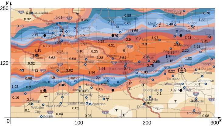 Another version of the previous storm map, but this time with lines drawn for x = 100, 200, and 300 and for y = 125 and 250. There is a dot in the center of each of the resulting rectangles.